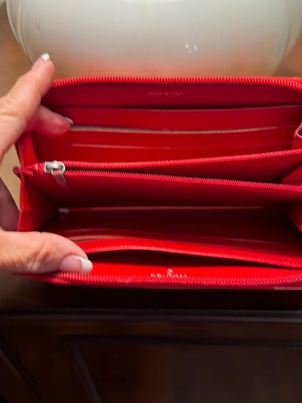 CHANEL Red Camellia Quilted Patent Zip Wallet